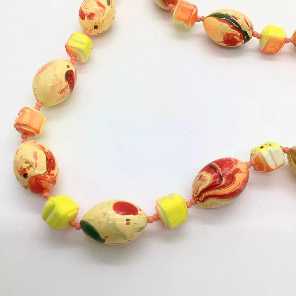 Colorful Orange & Yellow Swirl Painted Bead Necklace